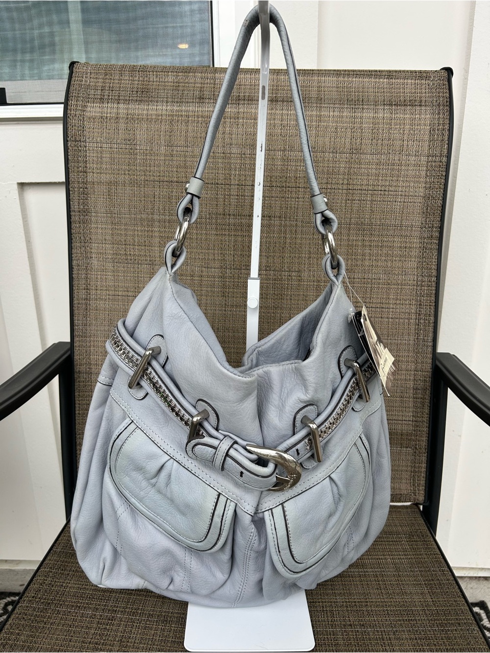 New! NWT B. Makowsky Light blue Leather Shoulder Hobo Bag Vintage Y2K Silver